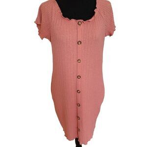 No Boundaries Womens Knitted Midi Bodycon Dress Button Short Sleeve Salmon XL